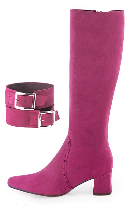 Fuschia pink women's feminine knee-high boots. Square toe. Medium block heels. Made to measure. Profile view - Florence KOOIJMAN